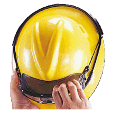 Yellow hard hat with goggles held on by retainer strap