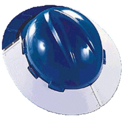 A blue hard hat with a white brim, suitable for construction sites and industrial work.