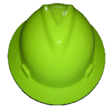 A lime green hard hat on a white background, providing safety and visibility at construction sites.