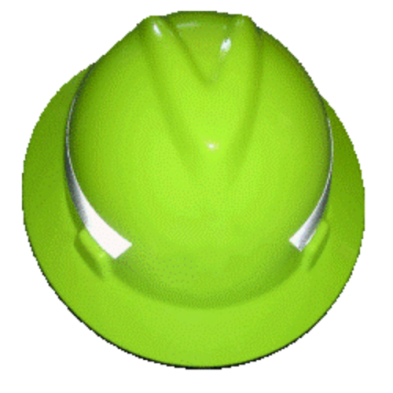A lime green hard hat with a silver reflective stripe on a white background, providing safety and visibility at construction sites.