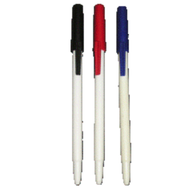 Three white pens with colored caps: black, red and blue.