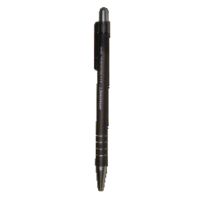 A black retractable pen on a white background.