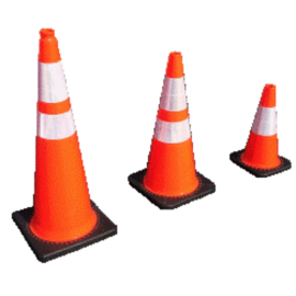 Three orange traffic cones of varying sizes placed side by side on a flat surface.