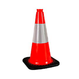 Three orange traffic cones of varying sizes placed side by side on a flat surface.