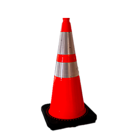 Three orange traffic cones of varying sizes placed side by side on a flat surface.