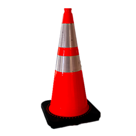 Three orange traffic cones of varying sizes placed side by side on a flat surface.