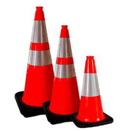 Three orange traffic cones of varying sizes placed side by side on a flat surface.