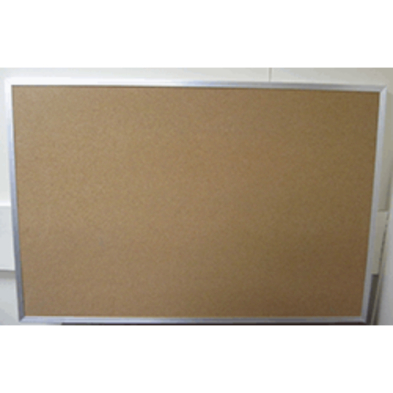 A cork board with a metal frame and white background, perfect for pinning notes and reminders.