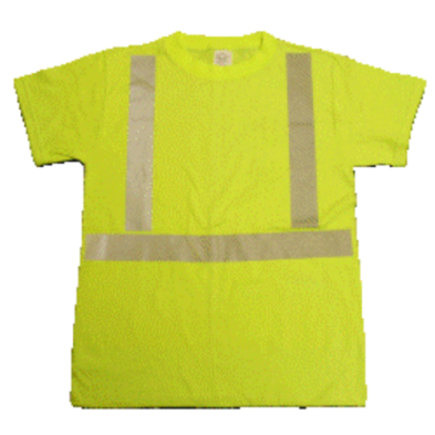 A yellow safety t-shirt, with a reflective strip at each shoulder and one across the midsection.