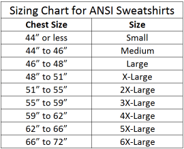 ANSI sweatshirt sizing chart, illustrating different sizes and corresponding measurements for proper fit guidance.