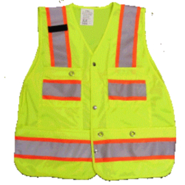 A yellow safety vest with orange reflective stripes, ensuring visibility and promoting safety in hazardous environments.