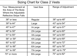 A chart displaying various sizes for vests, illustrating measurements for your waist and the adjustment range of the vest.