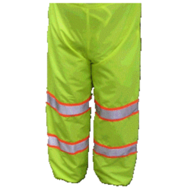 A pair of yellow safety pants with reflective stripes, designed to enhance visibility and ensure safety in hazardous environments.