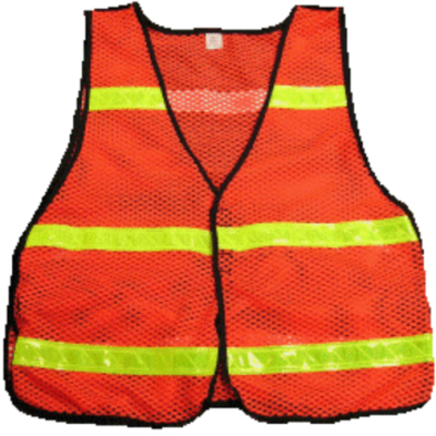 An orange safety vest with yellow reflective stripes, ensuring visibility and protection in hazardous environments.