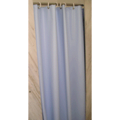 A blue shower curtain hanging on a white rod.