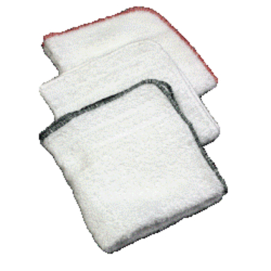 Three white wash cloths with red and green trim, neatly folded and stacked on top of each other.