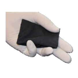 A gloved hand holding a black pouch.