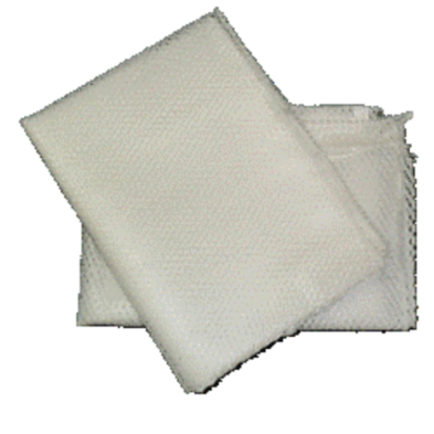 A neatly folded white cloth laundry bag with a knit pattern, stacked on itself.