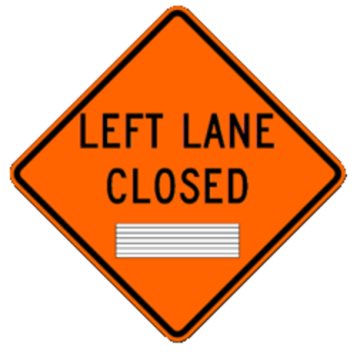 An orange sign with black lettering indicating Left Lane Closed.