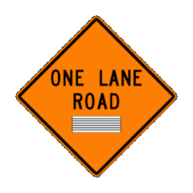 An orange road sign with black lettering indicating a single lane for traffic.