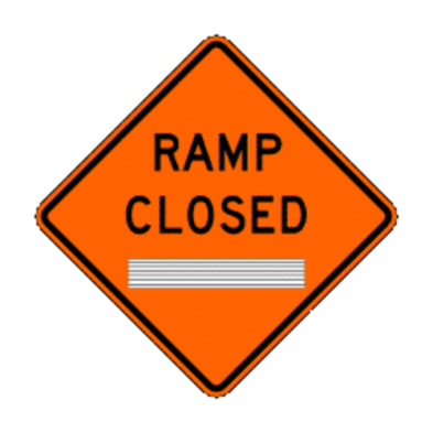 An orange traffic sign with black lettering indicating Ramp Closed.