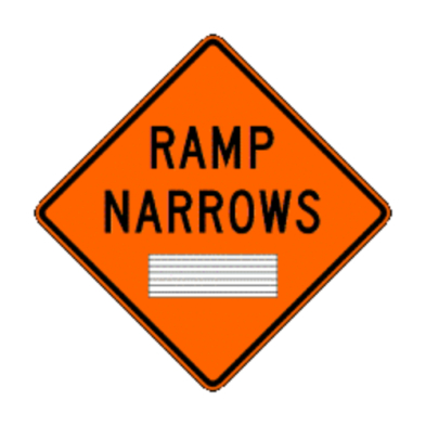 An orange traffic sign with black lettering indicating Ramp Narrows.