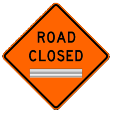 An orange traffic sign with black lettering indicating Road Closed.