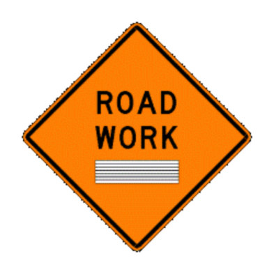 An orange traffic sign with black lettering indicating Road Work ahead.