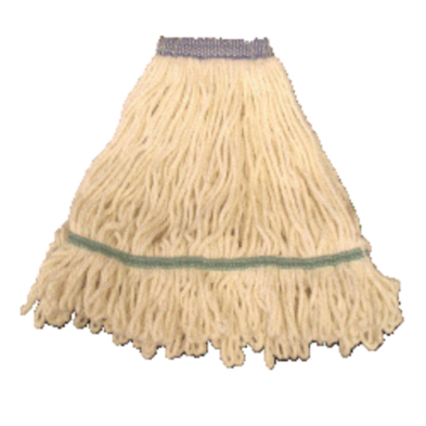 A white mop head with fan sewed ends, no handle