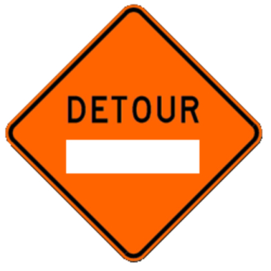 Detour sign on white background: An orange sign with black text indicating a temporary route change or diversion.