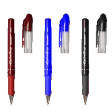 Three pens: red, blue and black, with the caps off laying on a white background.