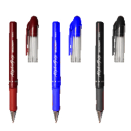 Three pens: red, blue and black, with the caps off laying on a white background.