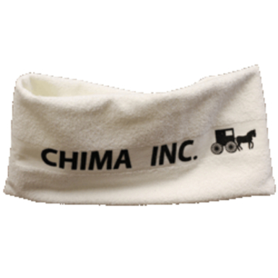 A white towel with the word "Chima Inc" embroidered on it, representing the company's brand identity.