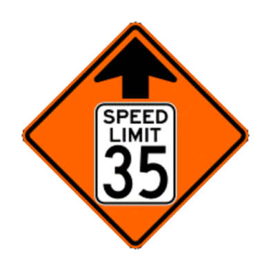 An orange traffic sign with white "Speed Limit" and arrow pointing up, indicating maximum speed allowed.