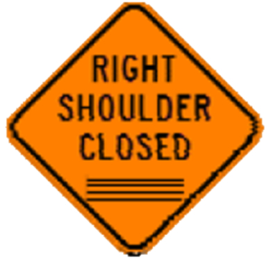 An orange traffic sign with black lettering indicating Right Shoulder Closed.