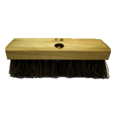 A wooden broom head with black bristles, for sweeping and cleaning various surfaces efficiently.