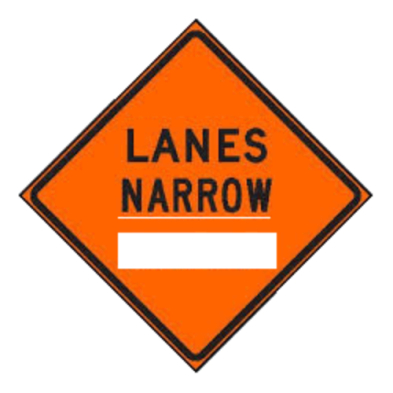 An orange sign with black lettering indicating lanes narrow ahead.