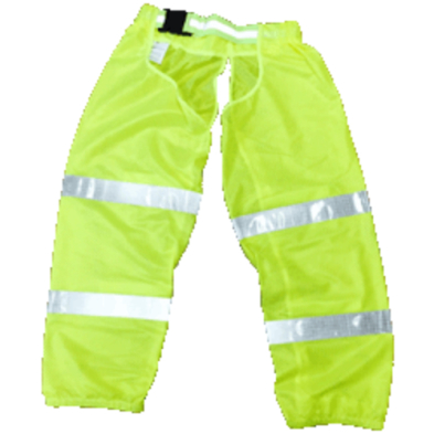 Yellow saftey chaps with reflective stripes, ensuring visability and protection in hazardous environments.