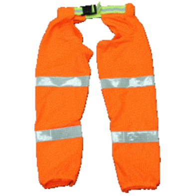 Orange saftey chaps with reflective stripes, ensuring visability and protection in hazardous environments.