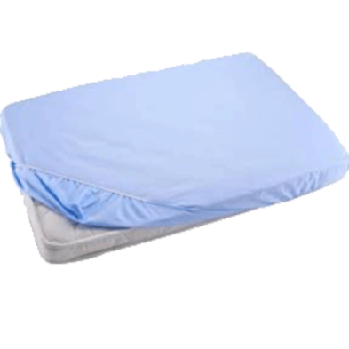 A blue fitted sheet over a white mattress.