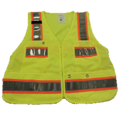 A yellow safety vest with orange reflective stripes, ensuring visibility and promoting safety in hazardous environments.