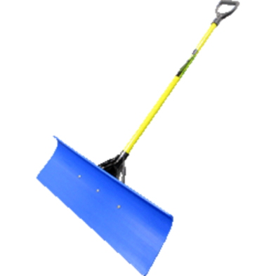 A blue snow shovel with a yellow handle, perfect for clearing snow from driveways and sidewalks.