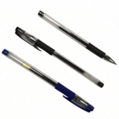 Three pens: one blue, two black laying on a white background.