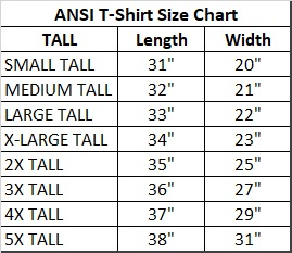 Size chart for Anis T-shirts in Tall Sizes, displaying measurements for various sizes to assist in selecting the correct fit.