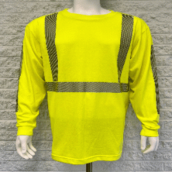 A long sleeve yellow safety t-shirt, with a reflective strip at each shoulder and one across the midsection.