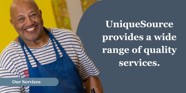 A man wearing a striped shirt and apron. A blue banner near the bottom of the photo with the words “Our Services.” To the right on a blue background, the words “UniqueSource provides a wide range of quality services.