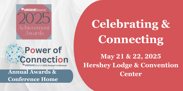 This header image has a grey background with the Achievement Awards and Power of Connection logos.. Overlayed is a blue banner the words “Annual Awards & Conference.” To the right on a red background, the words “Celebrating & Connecting - May 21 & 22, 2025 Hershey Lodge and Convention Center."