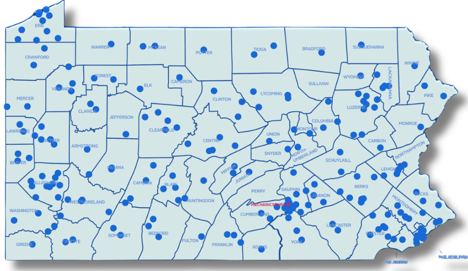 Outline map of Pennsylvania with county boundaries. Multiple blue dots throughout the state demonstrate operating locations.