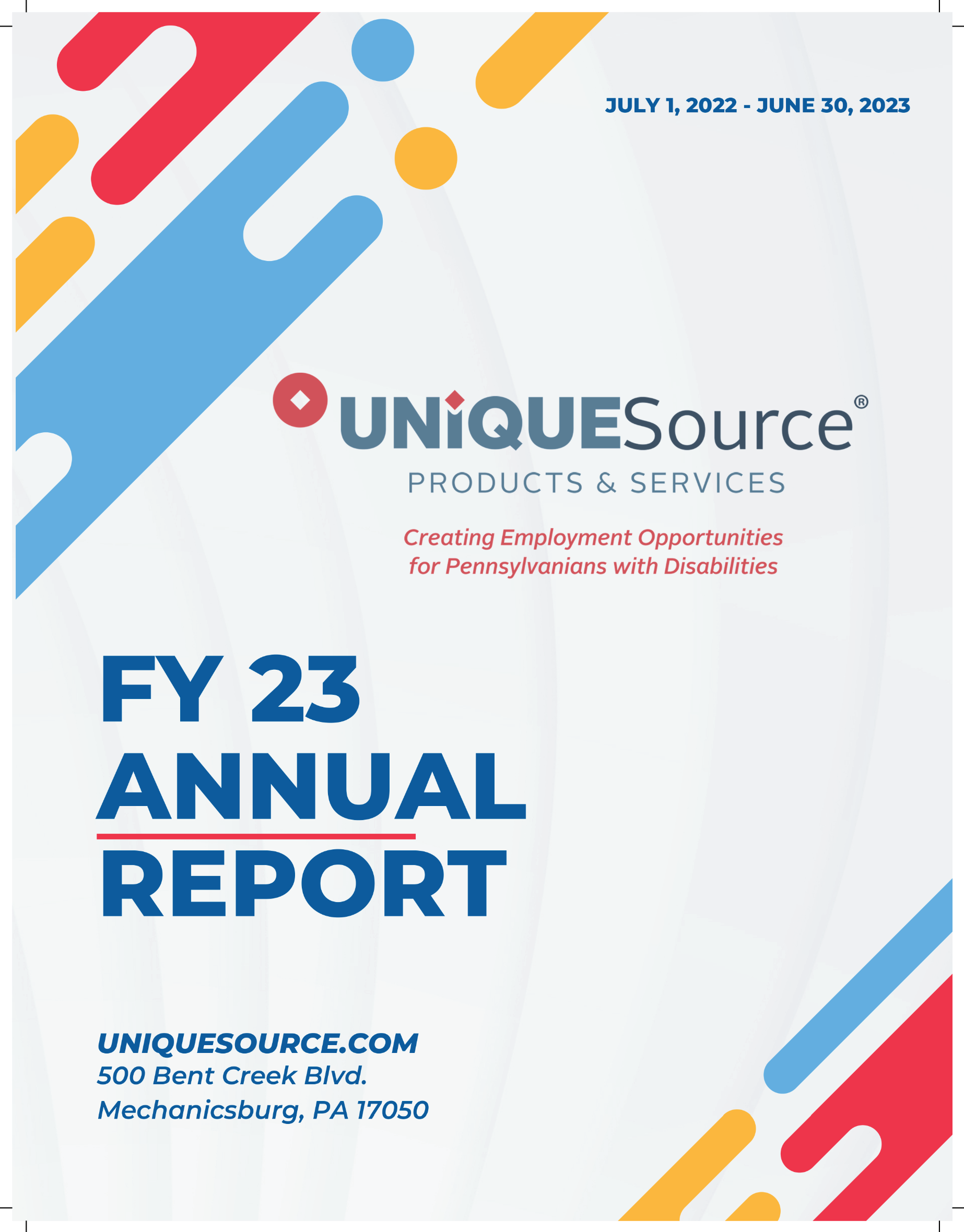 Report cover for the FY 2023 UniqueSource annual report.