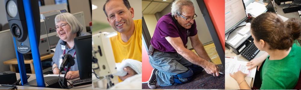 A row of photos of people. From right to Left: A woman at a photo machine used for taking driver’s license photos. Man sitting at a sewing machine. Man on knees cutting carpet. Woman stiing at a computer with papers around her.